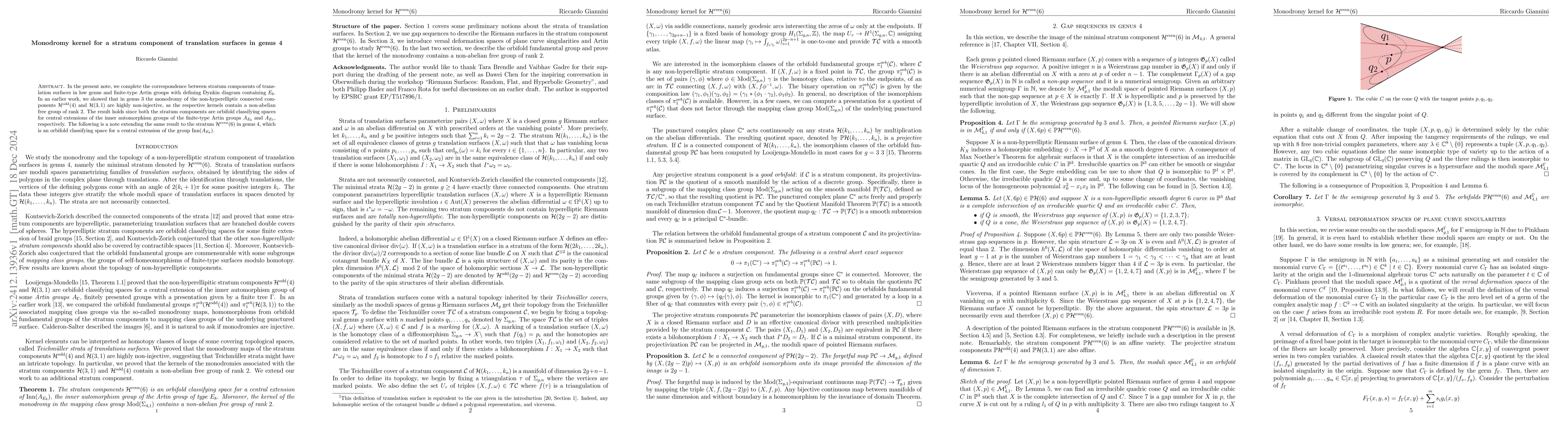 Thumbnail for Monodromy kernel for a stratum component of translation surfaces in
  genus 4