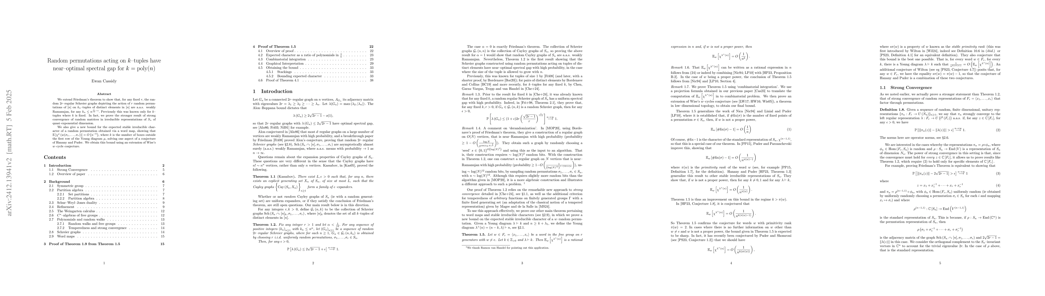 Thumbnail for Random permutations acting on $k$--tuples have near--optimal spectral
  gap for $k=\mathrm{poly}(n)$