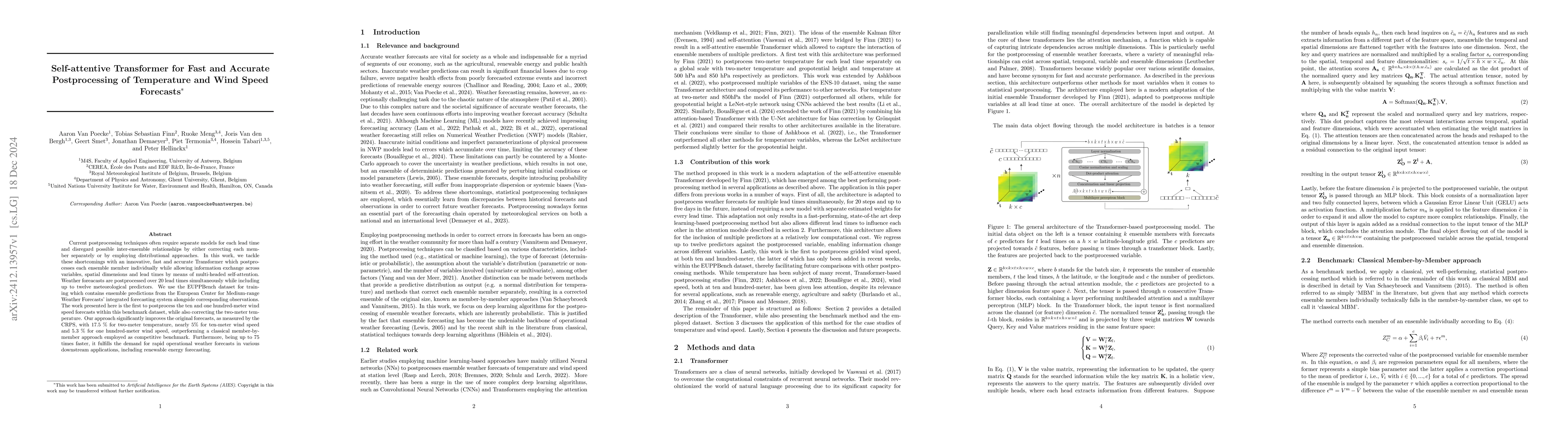 Thumbnail for Self-attentive Transformer for Fast and Accurate Postprocessing of
  Temperature and Wind Speed Forecasts