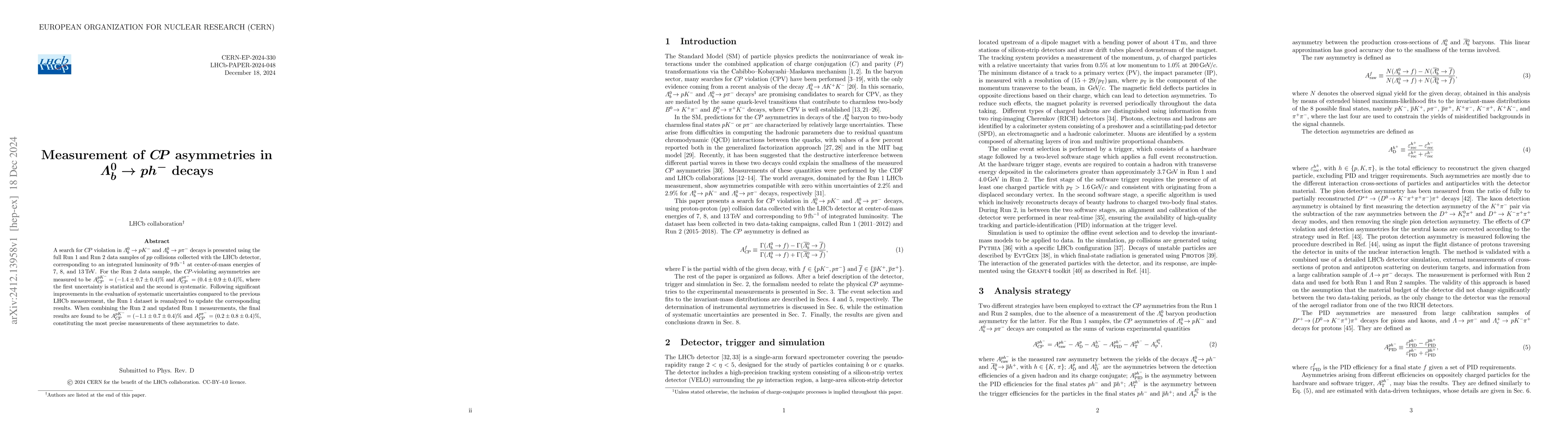 Thumbnail for Measurement of $CP$ asymmetries in $Λ_b^0\to ph^{-}$ decays