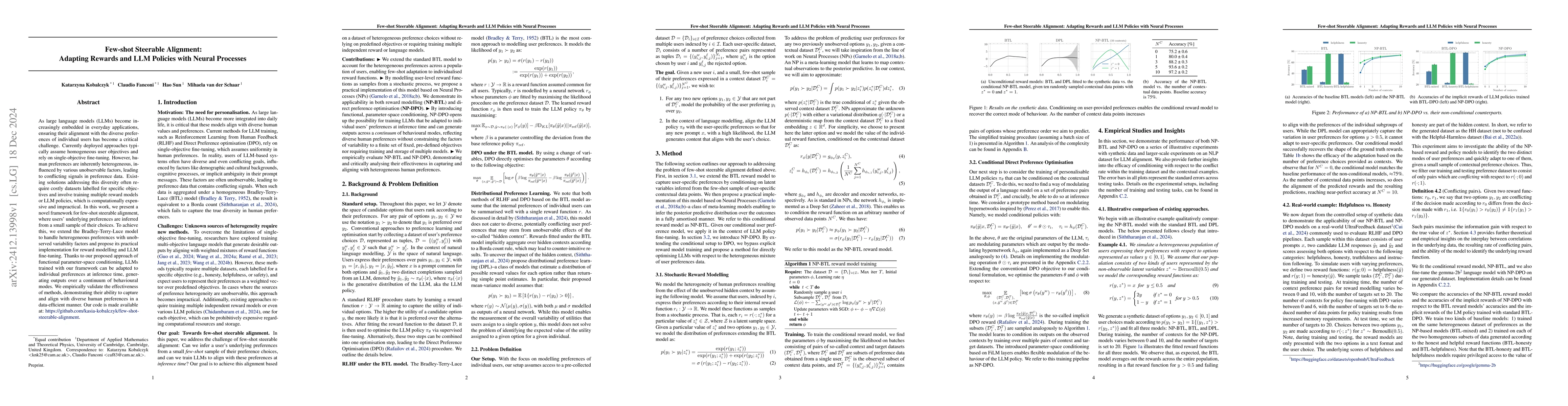 Thumbnail for Few-shot Steerable Alignment: Adapting Rewards and LLM Policies with
  Neural Processes