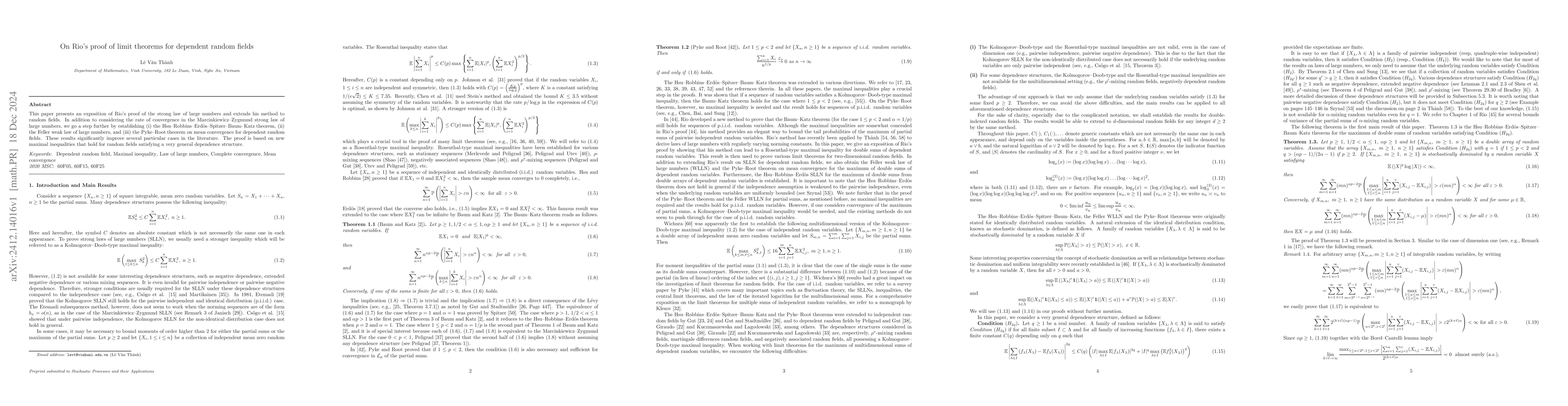 Thumbnail for On Rio's proof of limit theorems for dependent random fields
