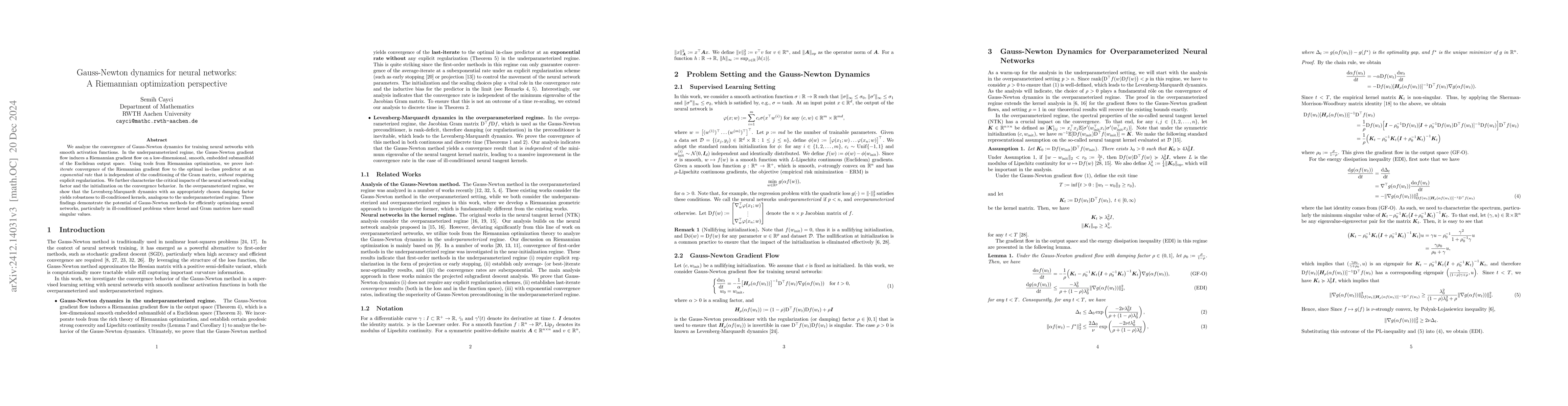 Thumbnail for Gauss-Newton Dynamics for Neural Networks: A Riemannian Optimization
  Perspective