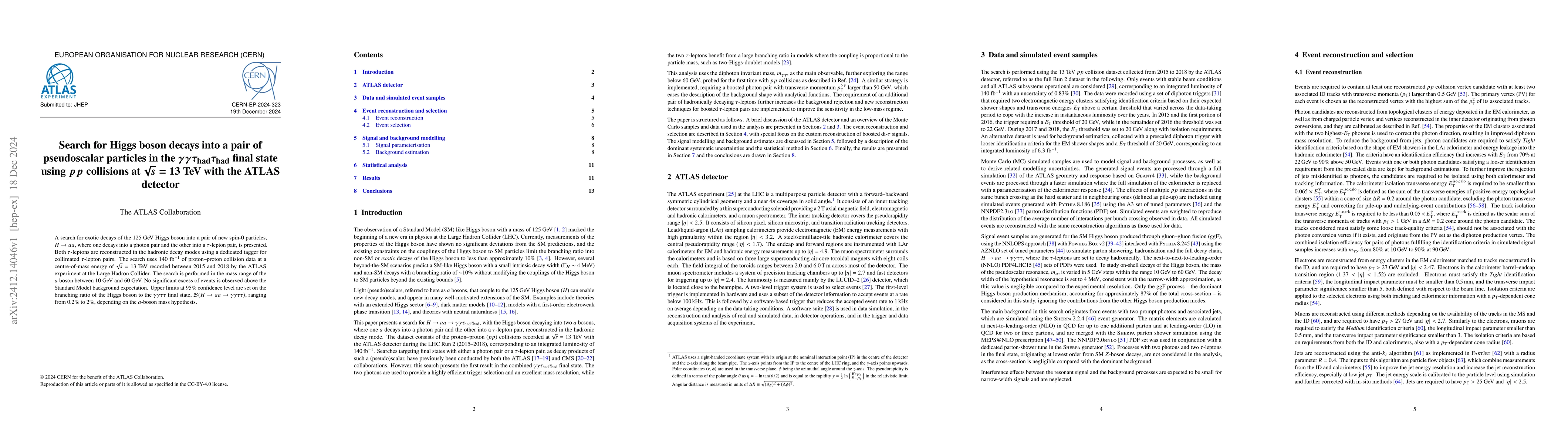 Thumbnail for Search for Higgs boson decays into a pair of pseudoscalar particles in
  the $γγτ_{\text{had}}τ_{\text{had}}$ final state using $pp$
  collisions at $\sqrt{s}=13$ TeV with the ATLAS detector