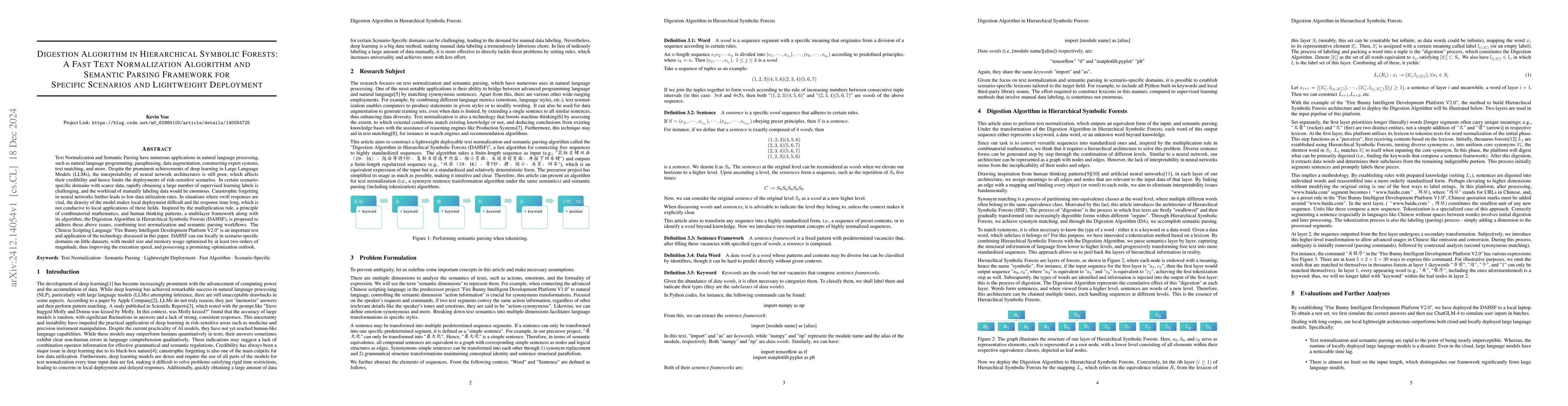 Thumbnail for Digestion Algorithm in Hierarchical Symbolic Forests: A Fast Text
  Normalization Algorithm and Semantic Parsing Framework for Specific Scenarios
  and Lightweight Deployment