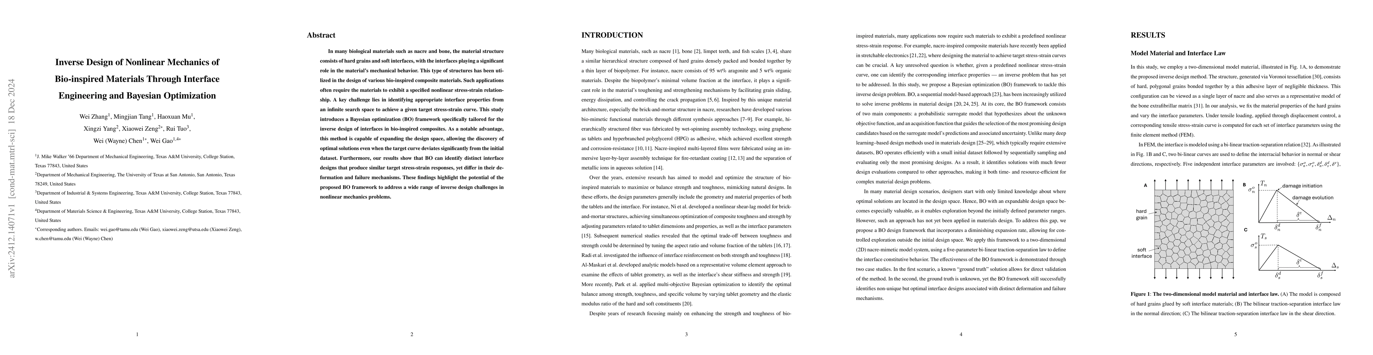 Thumbnail for Inverse Design of Nonlinear Mechanics of Bio-inspired Materials Through
  Interface Engineering and Bayesian Optimization