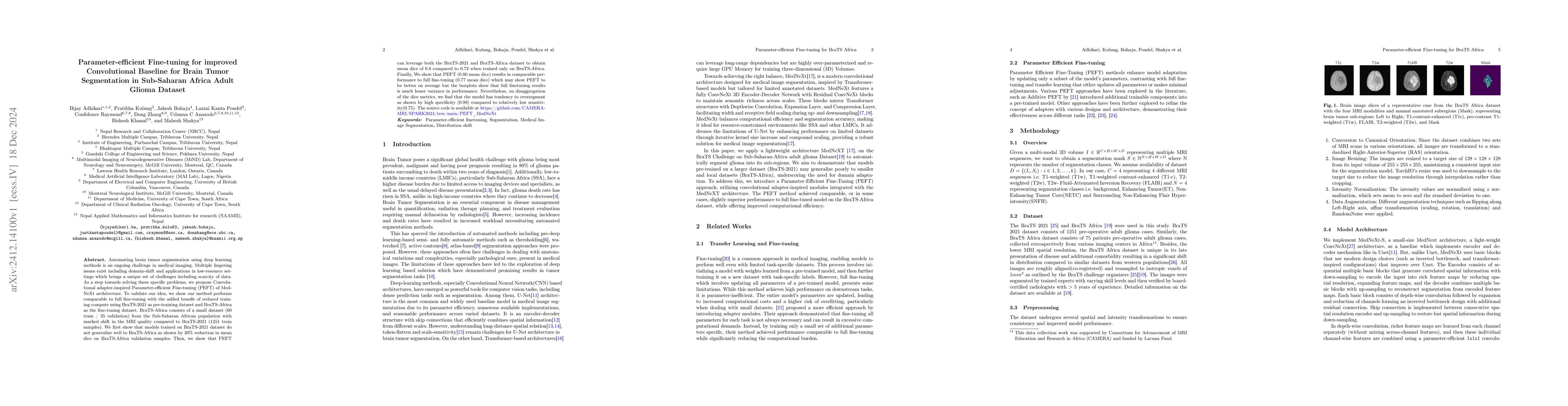 Thumbnail for Parameter-efficient Fine-tuning for improved Convolutional Baseline for
  Brain Tumor Segmentation in Sub-Saharan Africa Adult Glioma Dataset