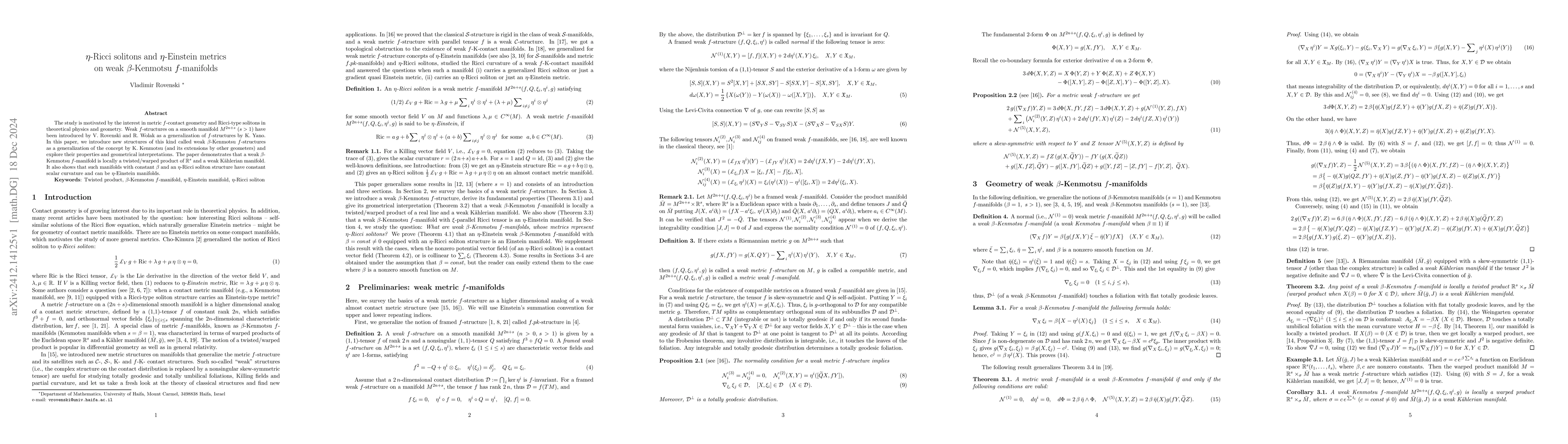 Thumbnail for $η$-Ricci solitons and $η$-Einstein metrics on weak
  $β$-Kenmotsu $f$-manifolds