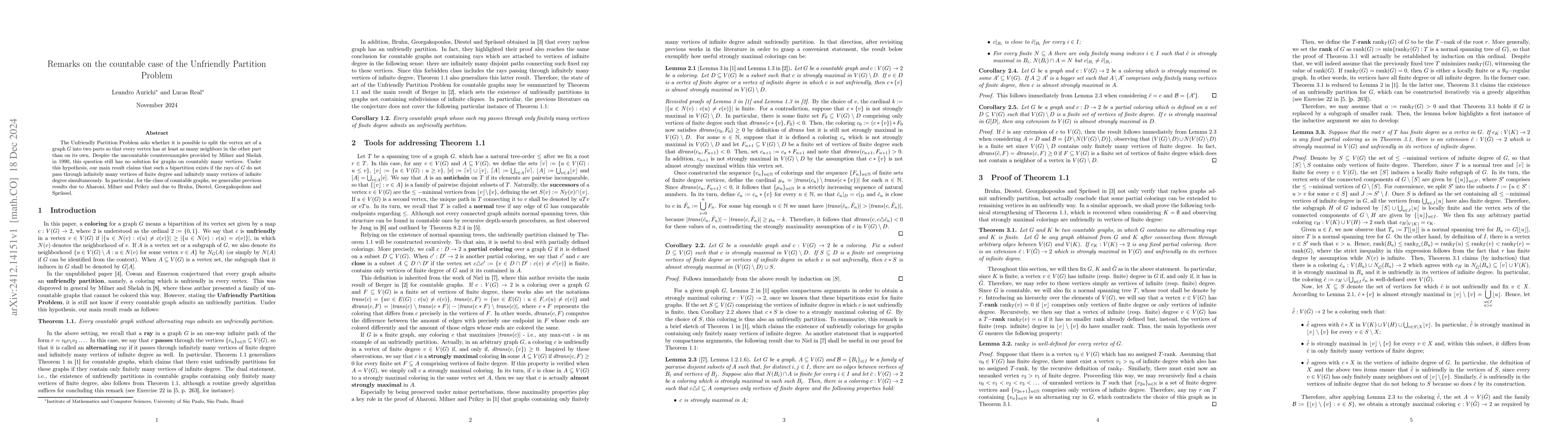Thumbnail for Remarks on the countable case of the Unfriendly Partition Problem