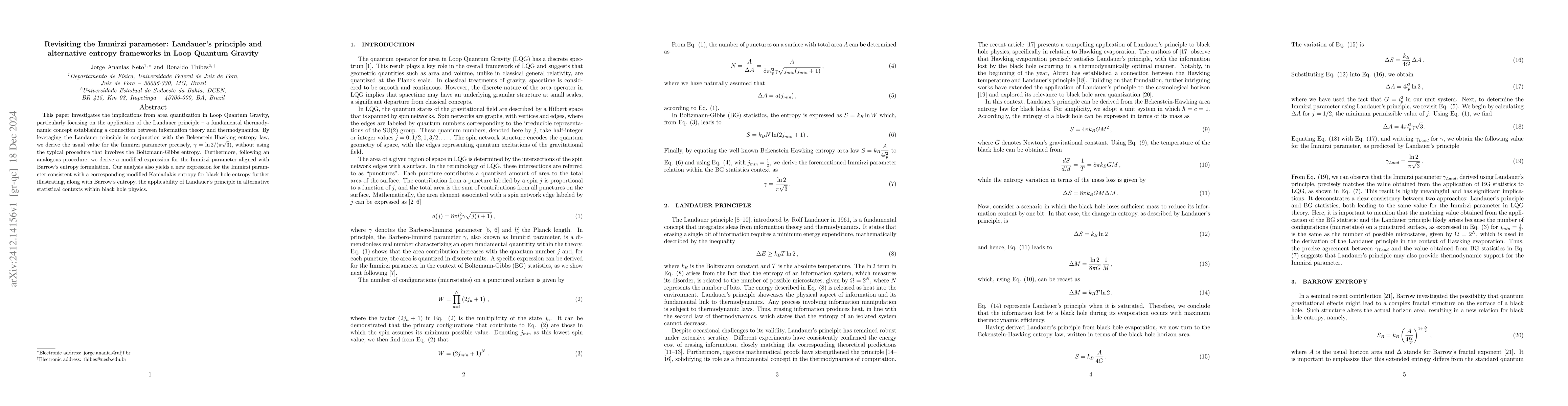 Thumbnail for Revisiting the Immirzi parameter: Landauer's principle and alternative
  entropy frameworks in Loop Quantum Gravity