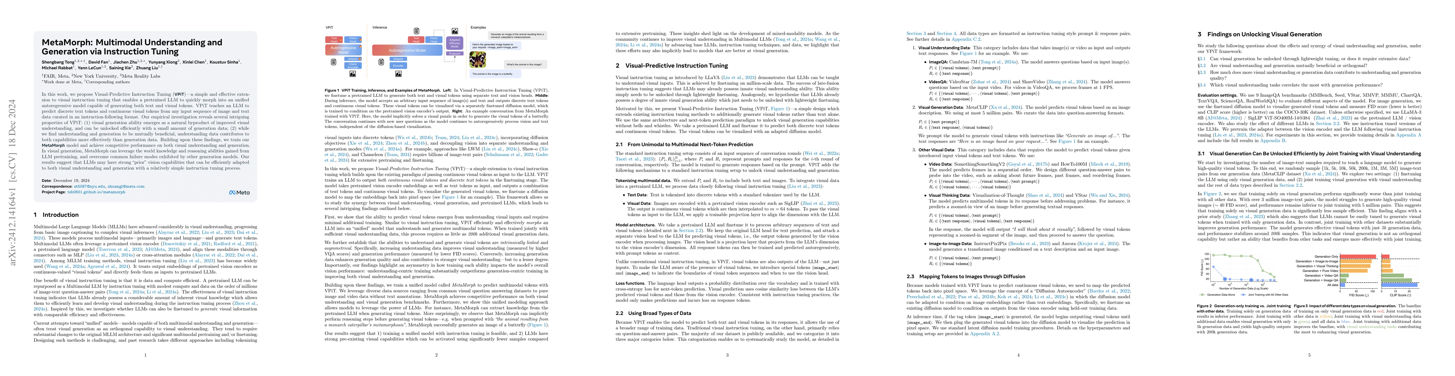Thumbnail for MetaMorph: Multimodal Understanding and Generation via Instruction
  Tuning