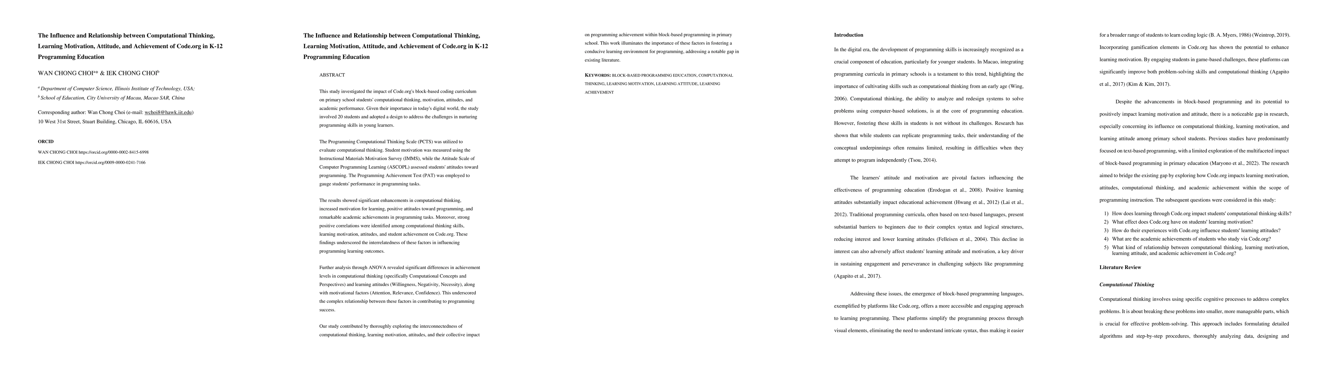 Thumbnail for The Influence and Relationship between Computational Thinking, Learning
  Motivation, Attitude, and Achievement of Code.org in K-12 Programming
  Education