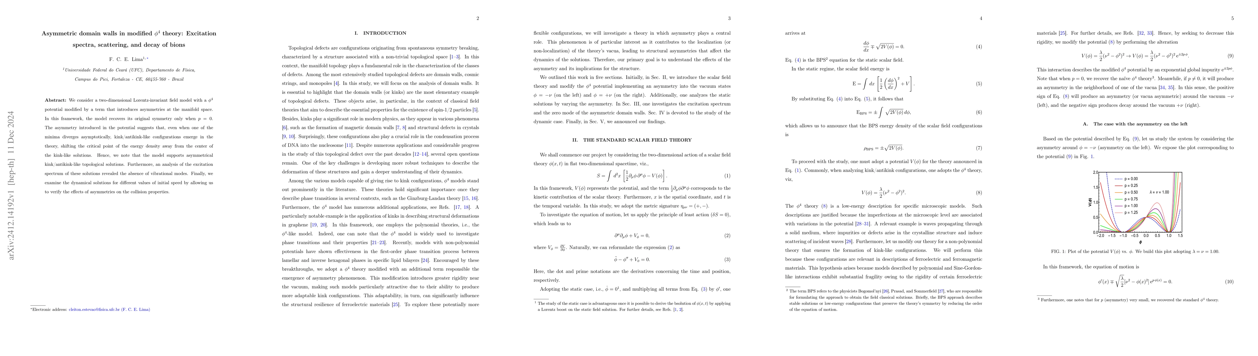 Thumbnail for Asymmetric domain walls in modified $φ^{4}$ theory: Excitation
  spectra, scattering, and decay of bions