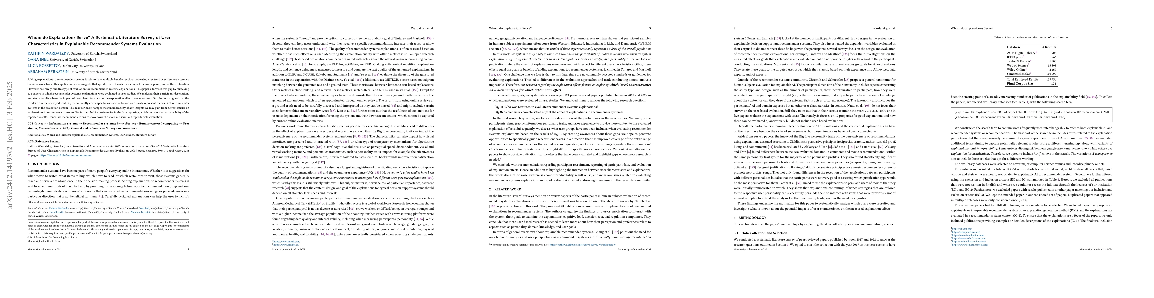 Thumbnail for Whom do Explanations Serve? A Systematic Literature Survey of User
  Characteristics in Explainable Recommender Systems Evaluation