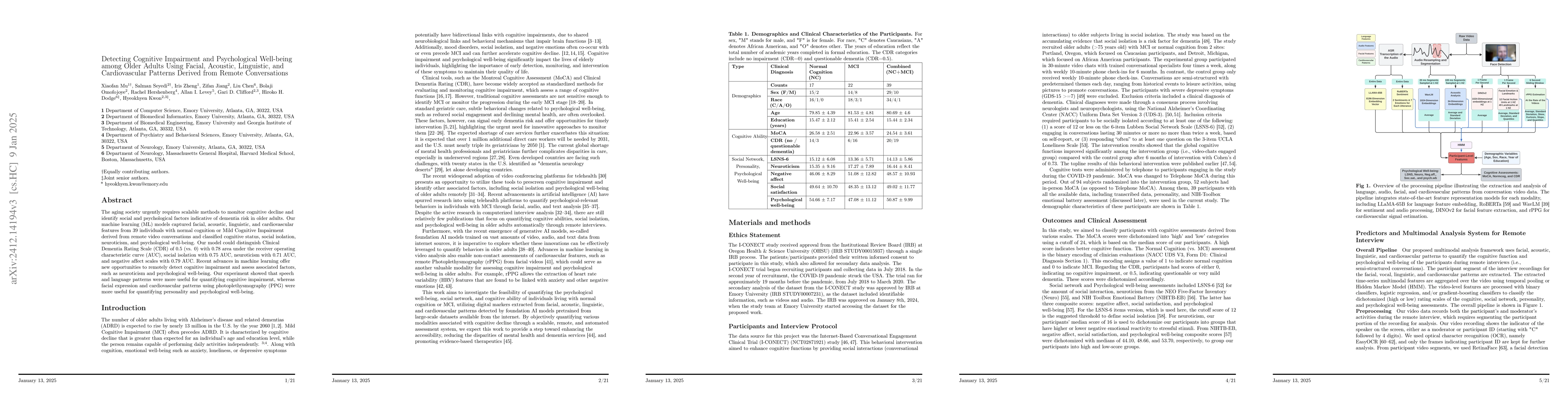 Thumbnail for Detecting Cognitive Impairment and Psychological Well-being among Older
  Adults Using Facial, Acoustic, Linguistic, and Cardiovascular Patterns
  Derived from Remote Conversations