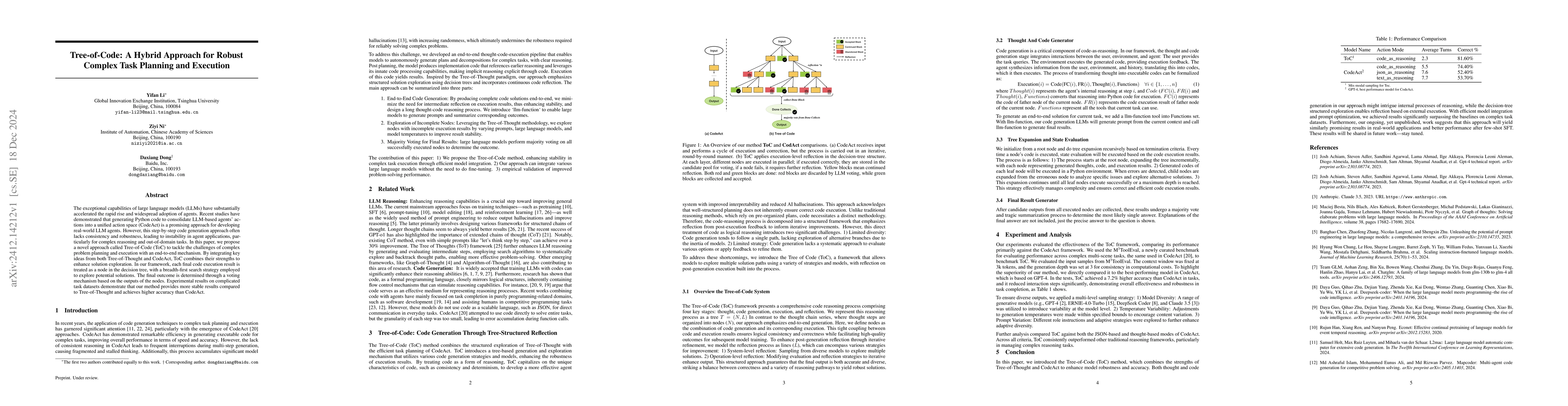 Thumbnail for Tree-of-Code: A Hybrid Approach for Robust Complex Task Planning and
  Execution