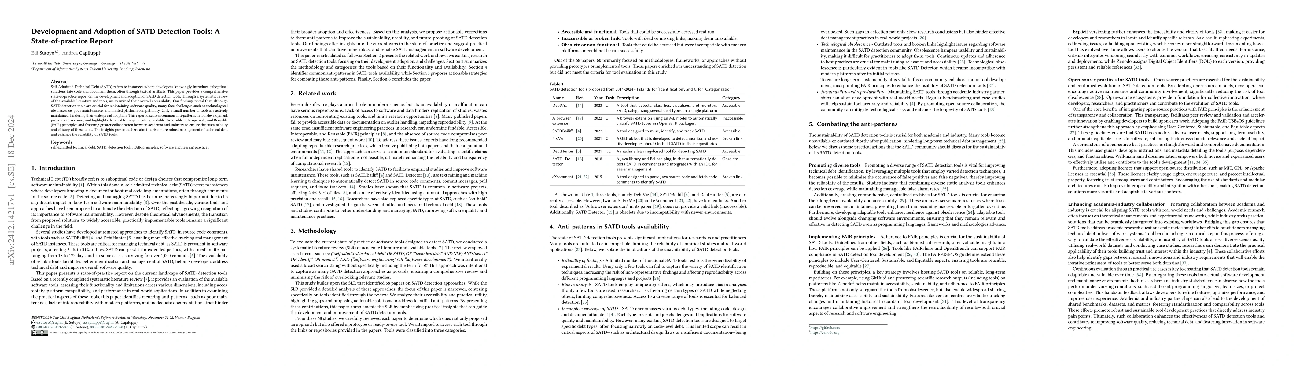 Thumbnail for Development and Adoption of SATD Detection Tools: A State-of-practice
  Report