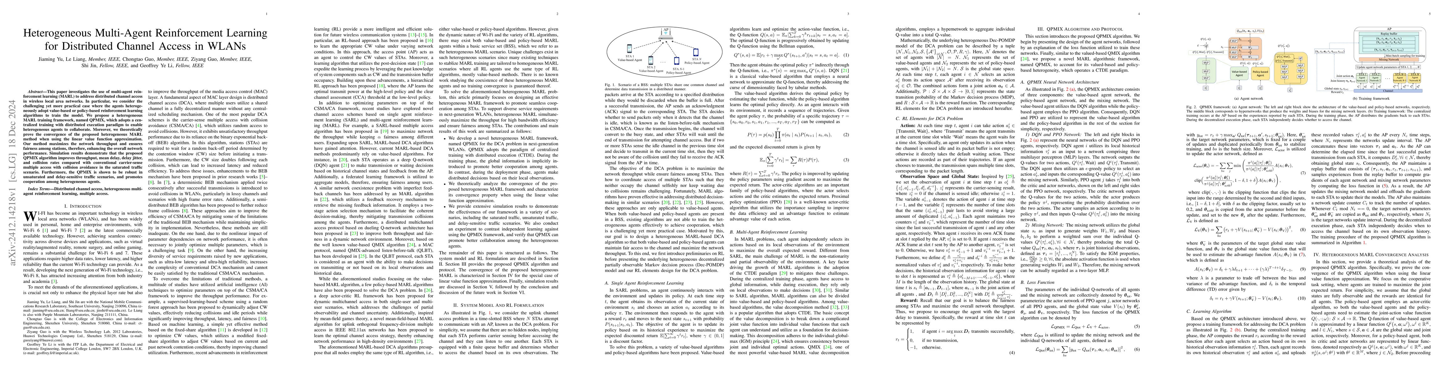 Thumbnail for Heterogeneous Multi-Agent Reinforcement Learning for Distributed Channel
  Access in WLANs