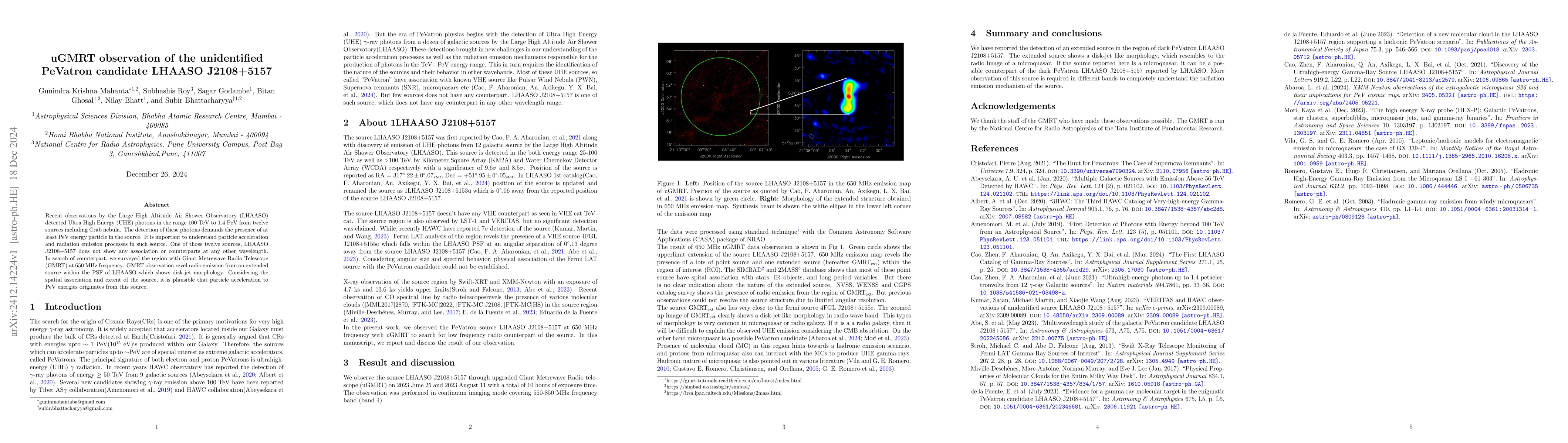 Thumbnail for uGMRT observation of the unidentified PeVatron candidate LHAASO
  J2108+5157
