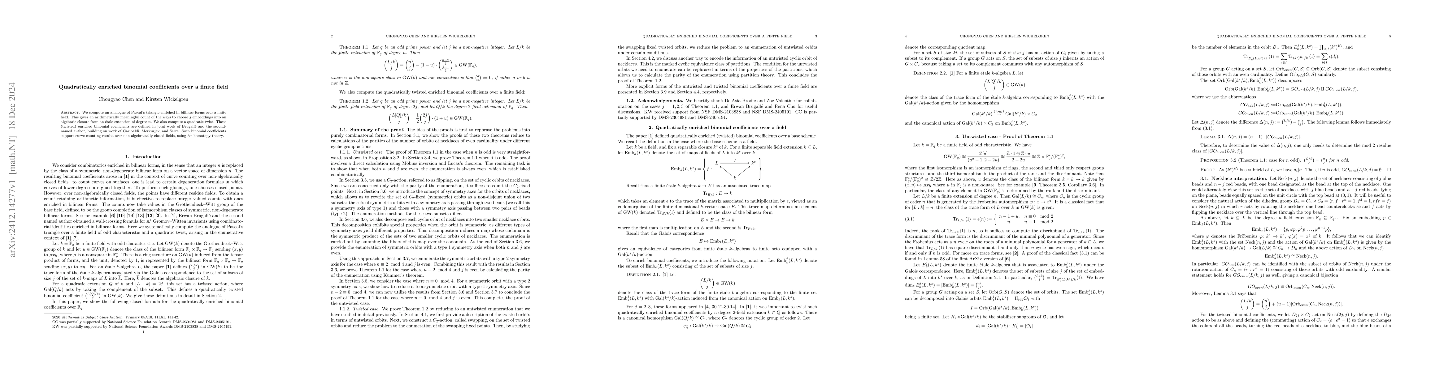 Thumbnail for Quadratically enriched binomial coefficients over a finite field