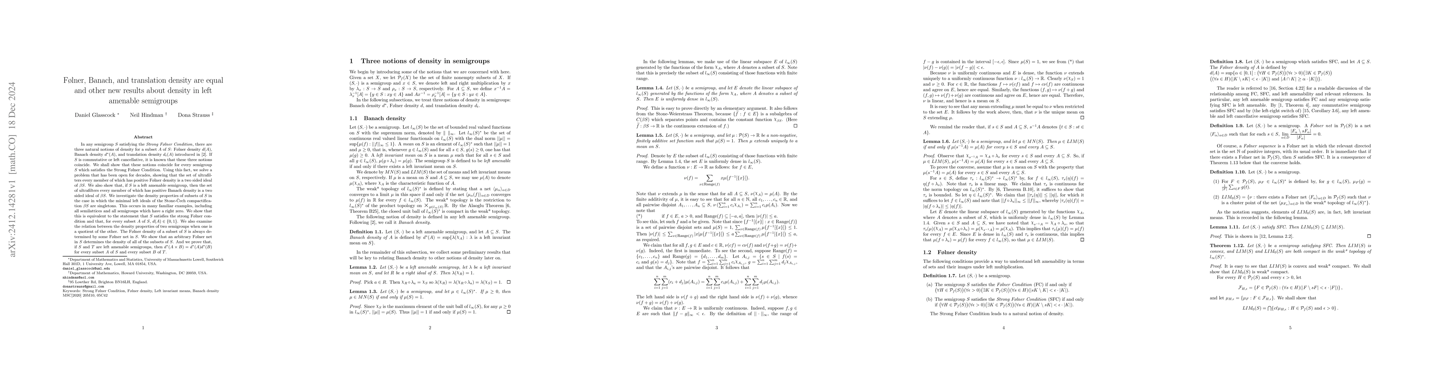Thumbnail for Følner, Banach, and translation density are equal and other new
  results about density in left amenable semigroups