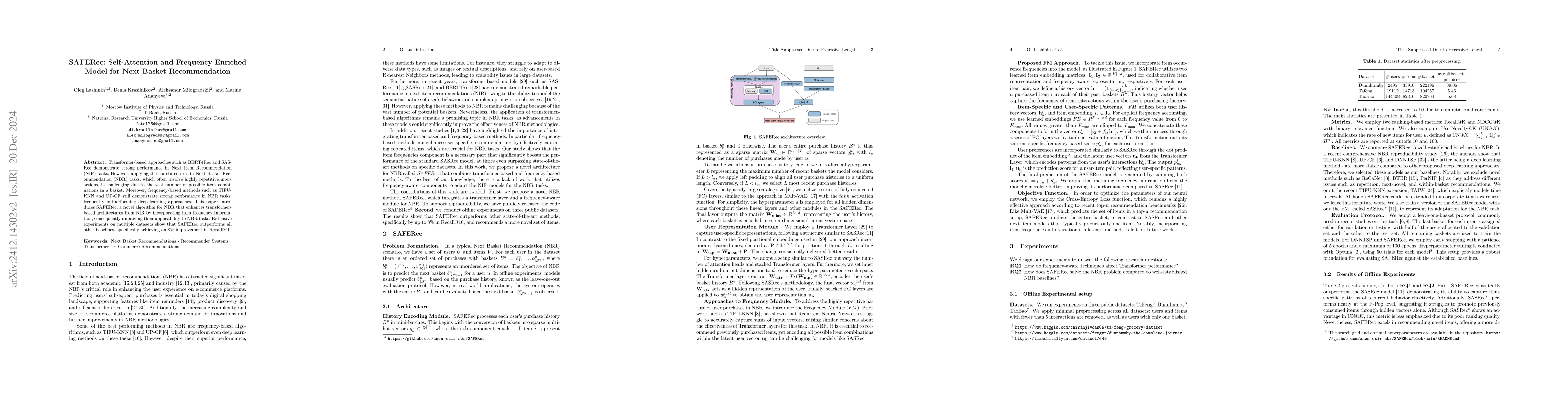 Thumbnail for SAFERec: Self-Attention and Frequency Enriched Model for Next Basket
  Recommendation