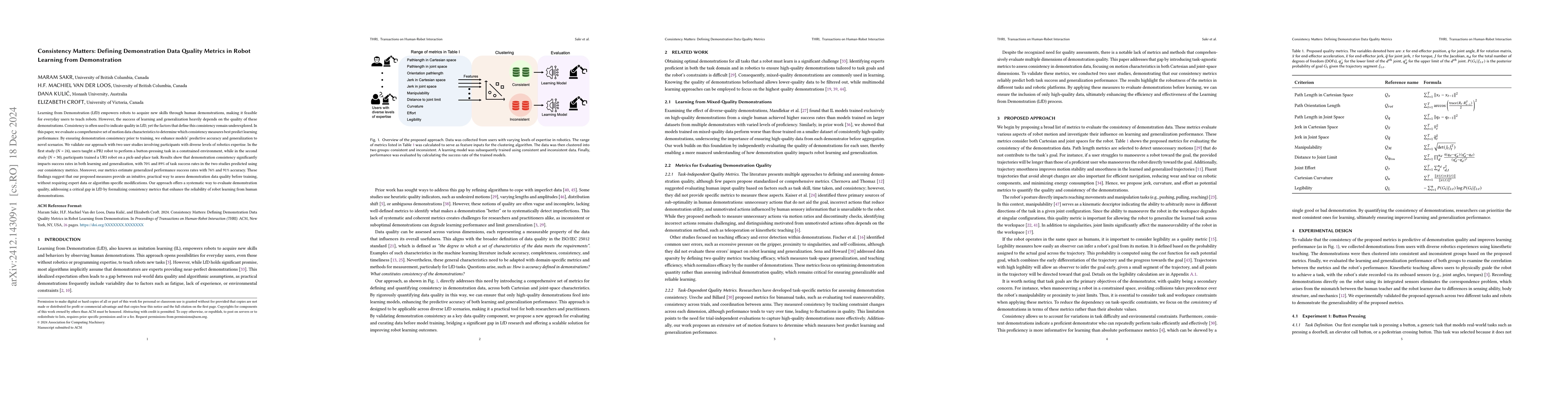 Thumbnail for Consistency Matters: Defining Demonstration Data Quality Metrics in
  Robot Learning from Demonstration