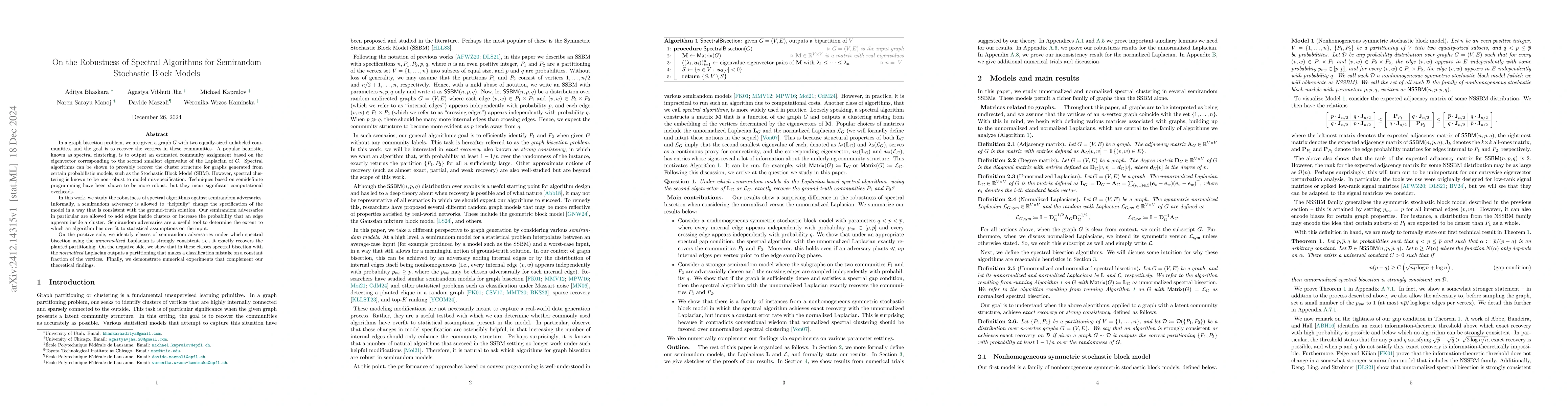 Thumbnail for On the Robustness of Spectral Algorithms for Semirandom Stochastic Block
  Models