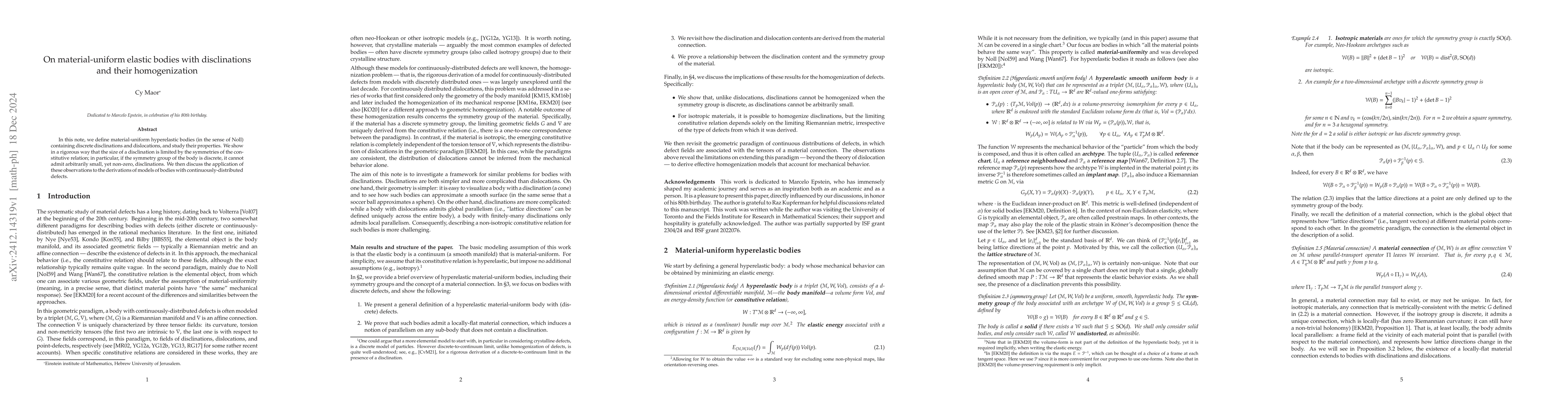 Thumbnail for On material-uniform elastic bodies with disclinations and their
  homogenization