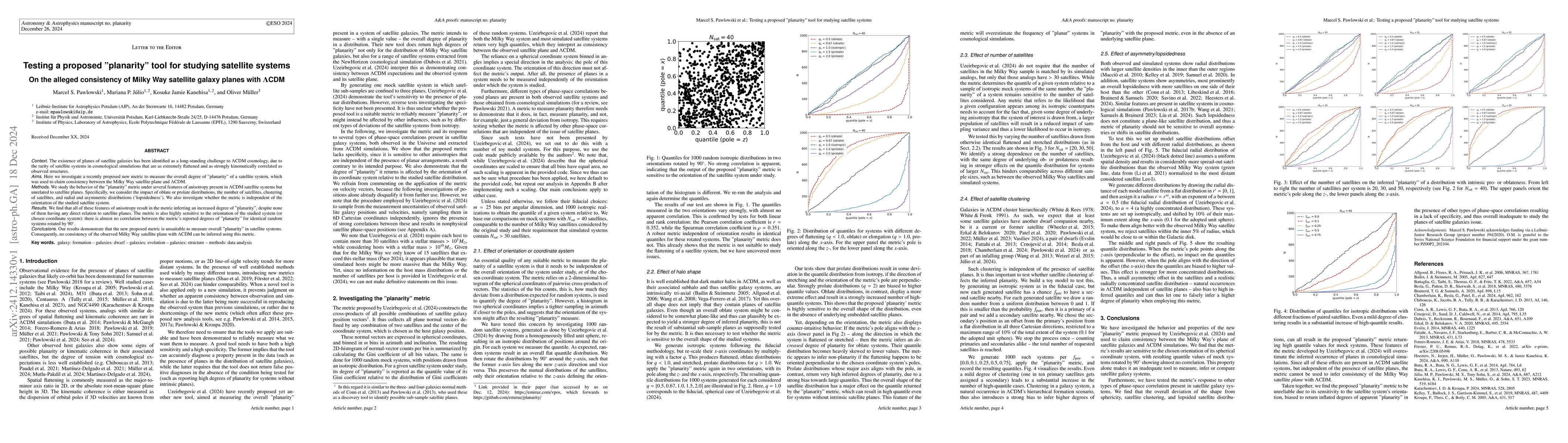 Thumbnail for Testing a proposed "planarity" tool for studying satellite systems: On
  the alleged consistency of Milky Way satellite galaxy planes with
  $Λ$CDM