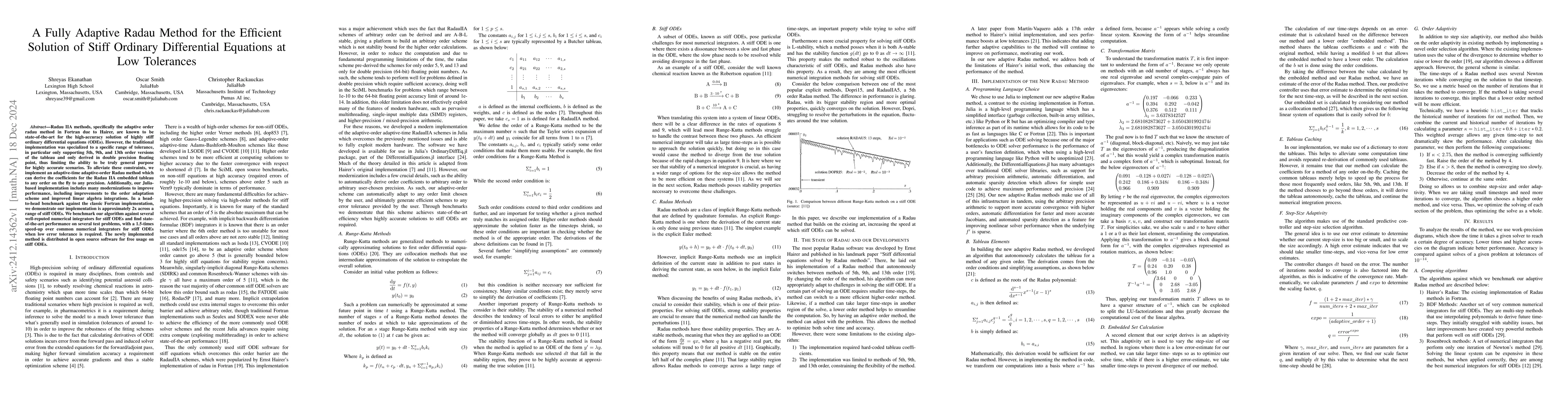 Thumbnail for A Fully Adaptive Radau Method for the Efficient Solution of Stiff
  Ordinary Differential Equations at Low Tolerances