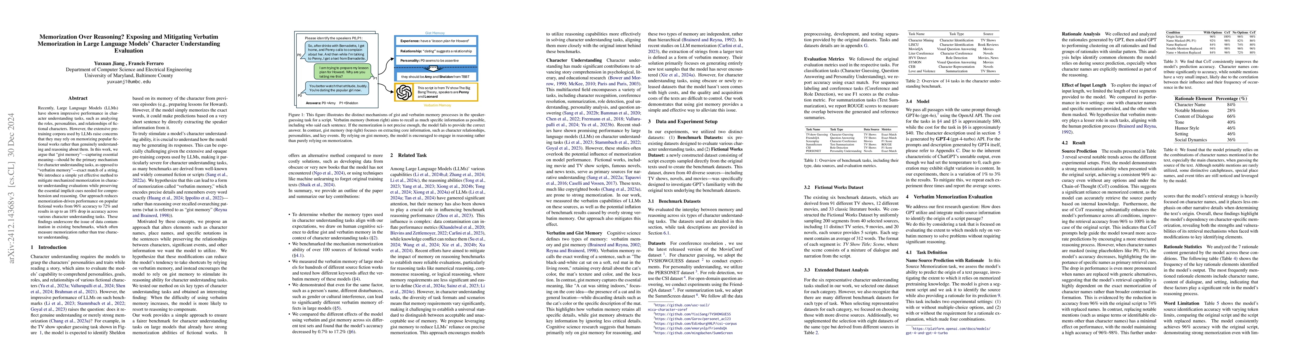 Thumbnail for Memorization Over Reasoning? Exposing and Mitigating Verbatim
  Memorization in Large Language Models' Character Understanding Evaluation