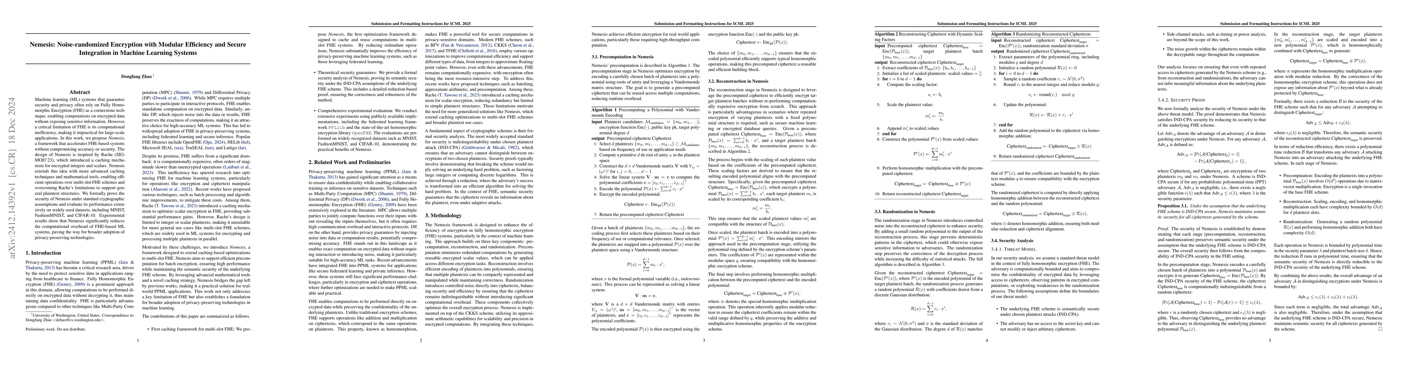 Thumbnail for Nemesis: Noise-randomized Encryption with Modular Efficiency and Secure
  Integration in Machine Learning Systems