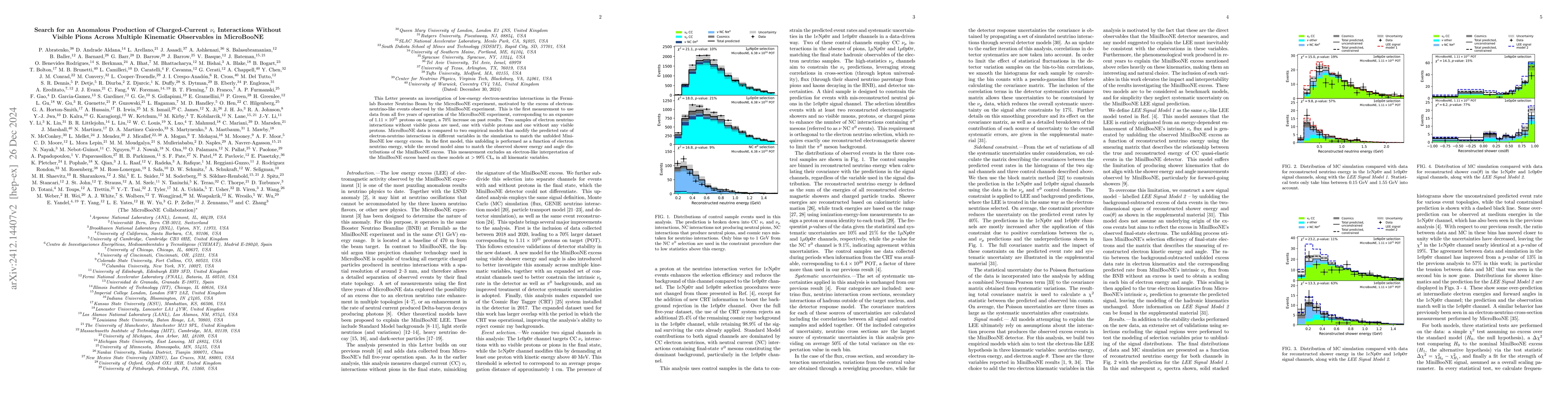Thumbnail for Search for an Anomalous Production of Charged-Current $ν_e$
  Interactions Without Visible Pions Across Multiple Kinematic Observables in
  MicroBooNE