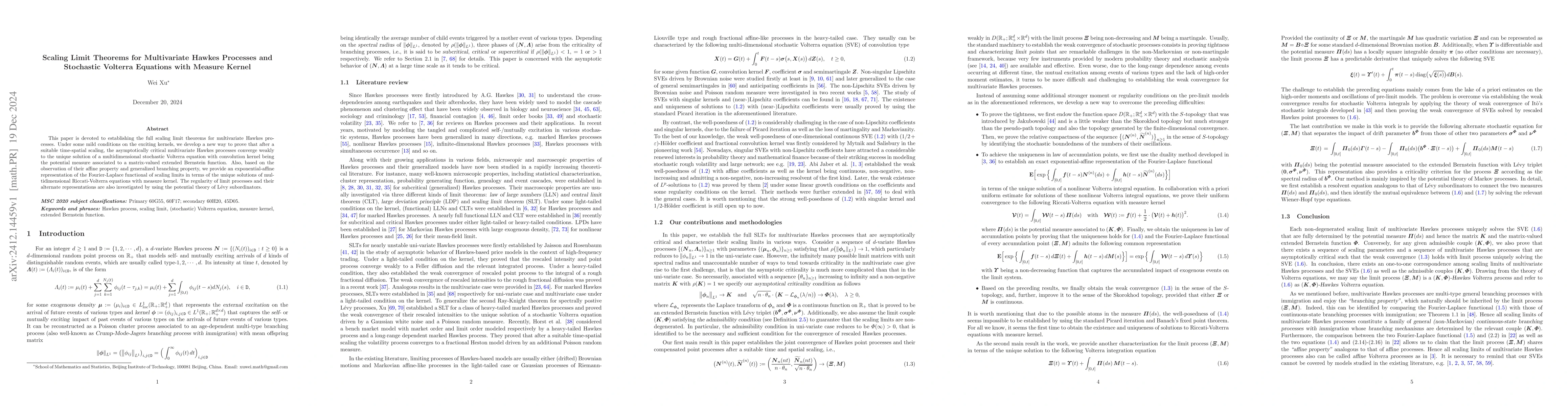 Thumbnail for Scaling Limit Theorems for Multivariate Hawkes Processes and Stochastic
  Volterra Equations with Measure Kernel