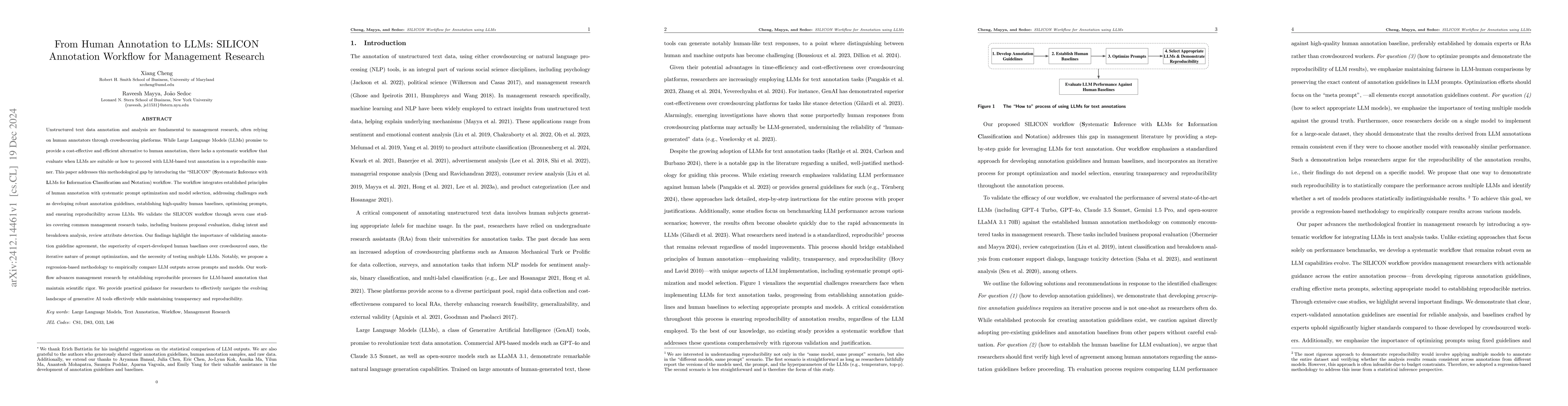 Thumbnail for From Human Annotation to LLMs: SILICON Annotation Workflow for
  Management Research