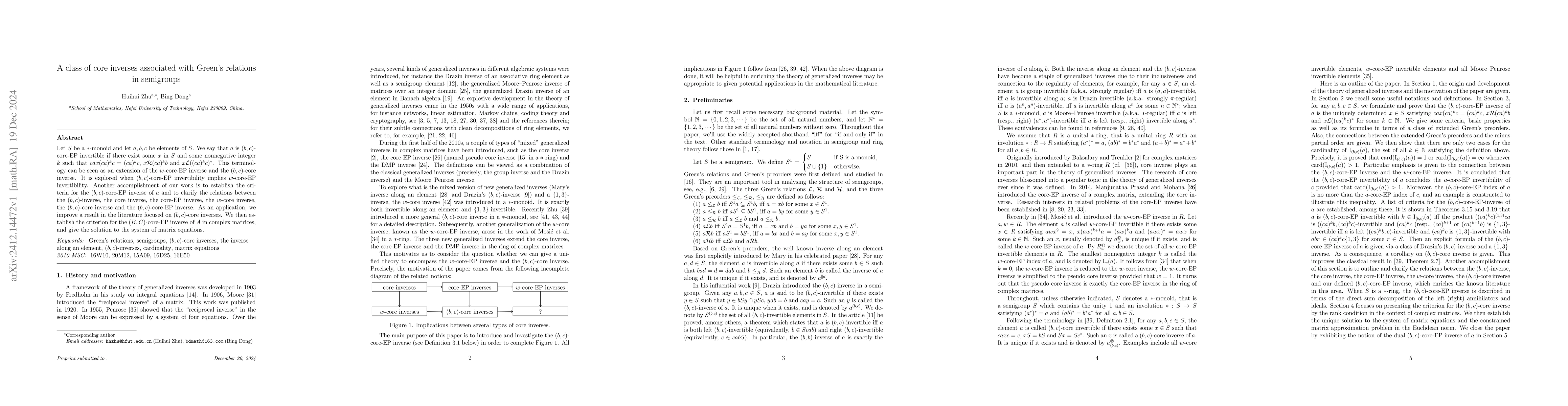 Thumbnail for A class of core inverses associated with Green's relations in semigroups