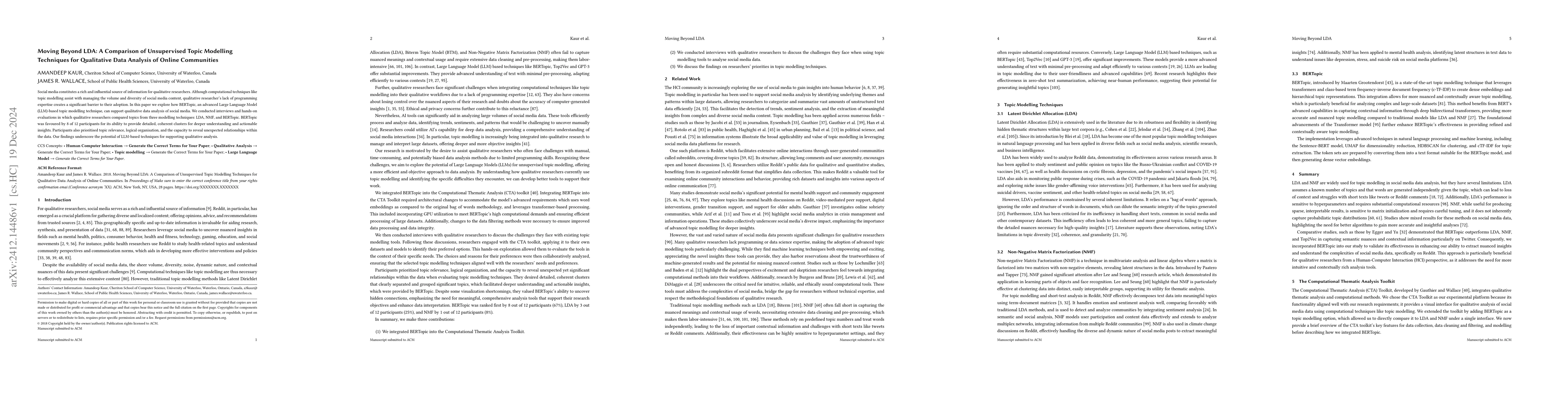 Thumbnail for Moving Beyond LDA: A Comparison of Unsupervised Topic Modelling
  Techniques for Qualitative Data Analysis of Online Communities
