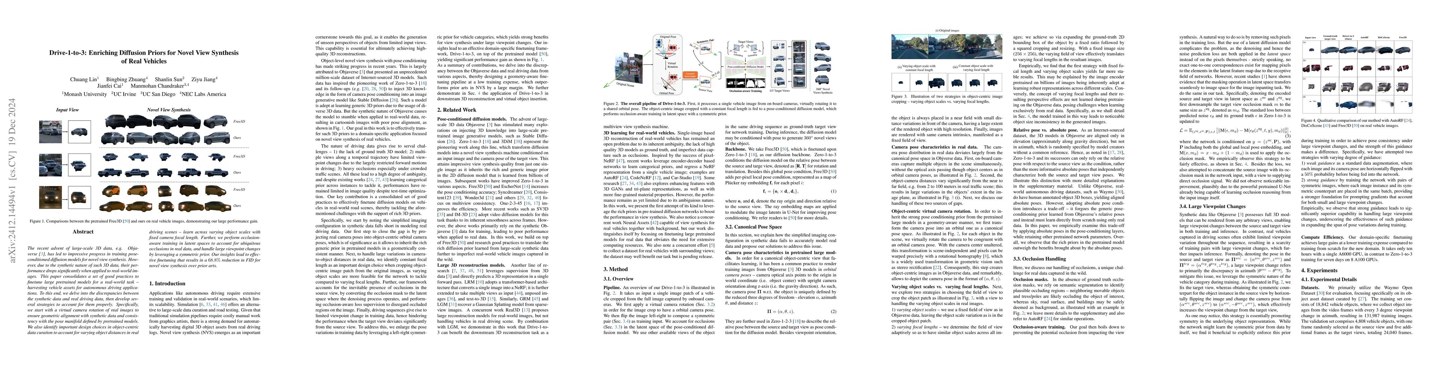Thumbnail for Drive-1-to-3: Enriching Diffusion Priors for Novel View Synthesis of
  Real Vehicles