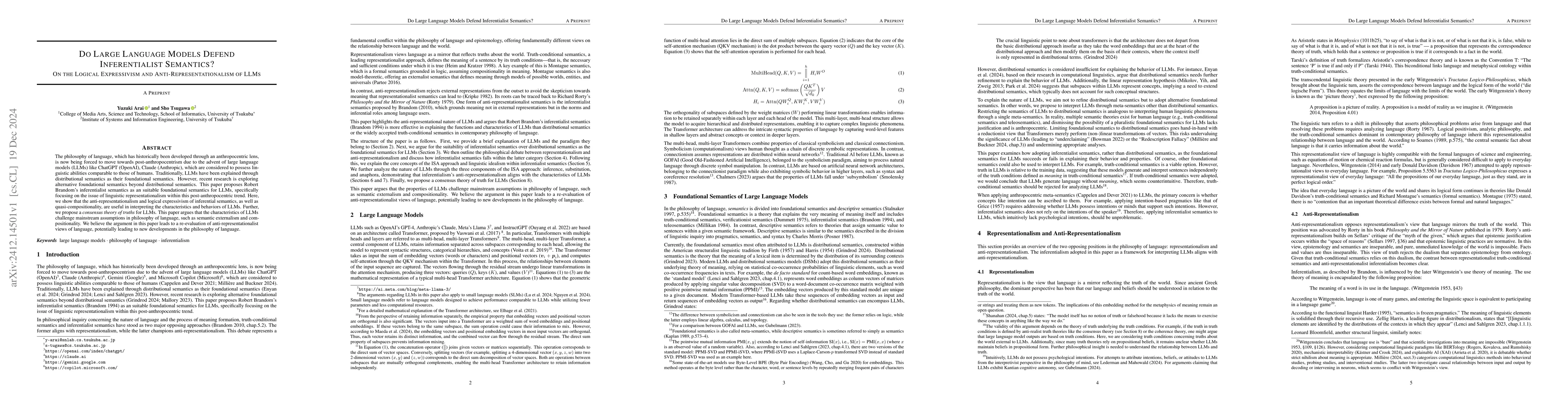 Thumbnail for Do Large Language Models Defend Inferentialist Semantics?: On the
  Logical Expressivism and Anti-Representationalism of LLMs