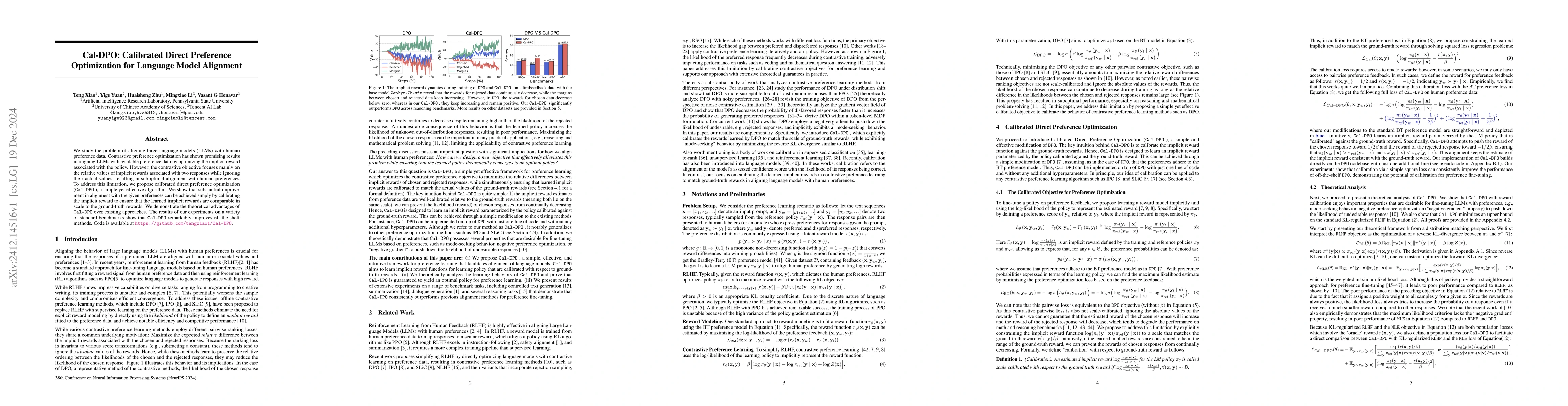 Thumbnail for Cal-DPO: Calibrated Direct Preference Optimization for Language Model
  Alignment