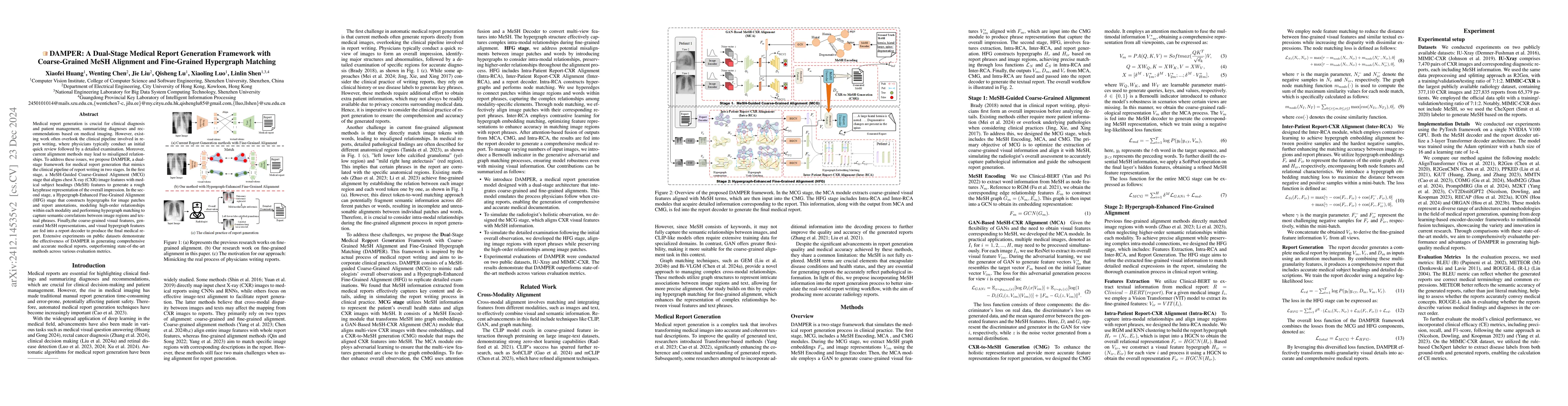 Thumbnail for DAMPER: A Dual-Stage Medical Report Generation Framework with
  Coarse-Grained MeSH Alignment and Fine-Grained Hypergraph Matching