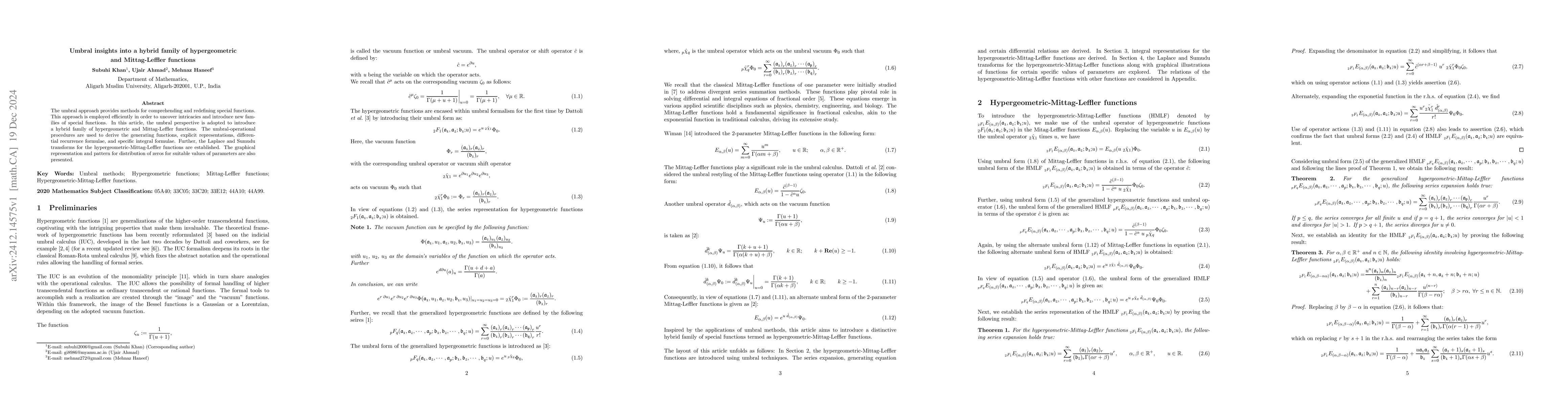 Thumbnail for Umbral insights into a hybrid family of hypergeometric and
  Mittag-Leffler functions
