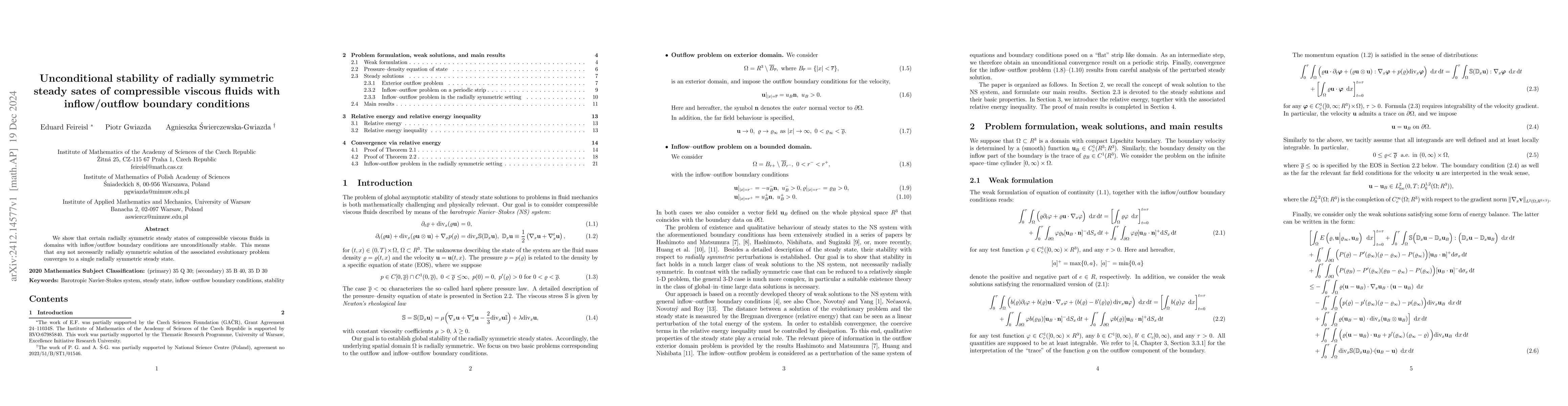 Thumbnail for Unconditional stability of radially symmetric steady sates of
  compressible viscous fluids with inflow/outflow boundary conditions