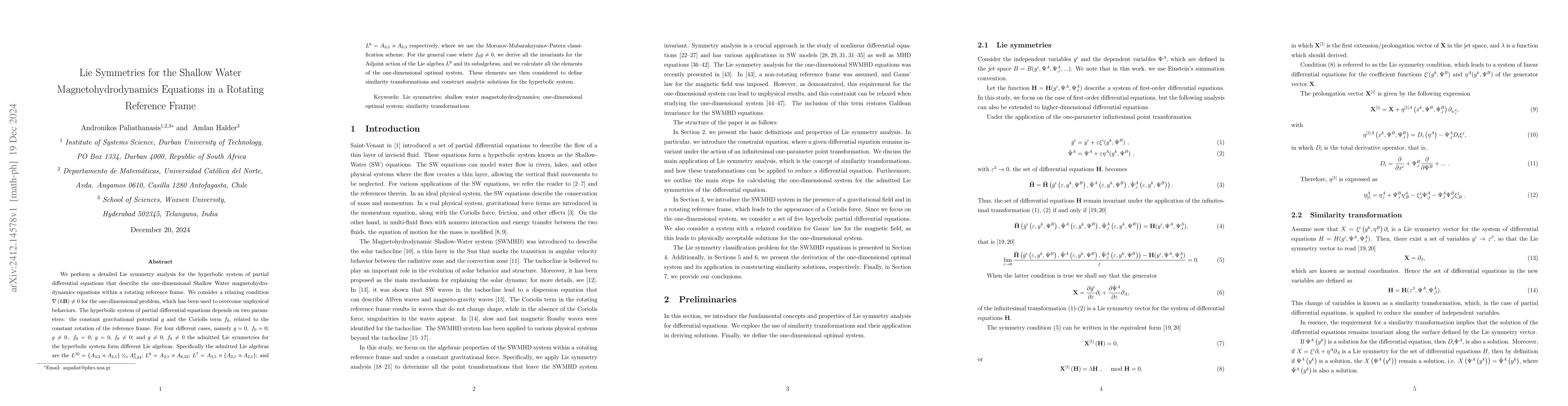 Thumbnail for Lie Symmetries for the Shallow Water Magnetohydrodynamics Equations in a
  Rotating Reference Frame