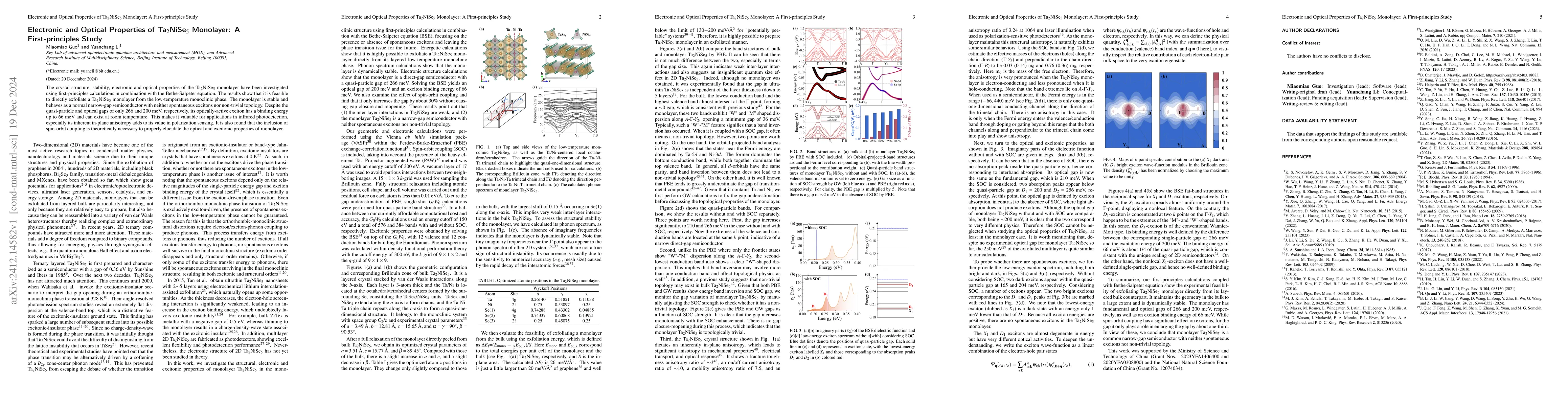 Thumbnail for Electronic and Optical Properties of Ta$_2$NiSe$_5$ Monolayer: A
  First-principles Study