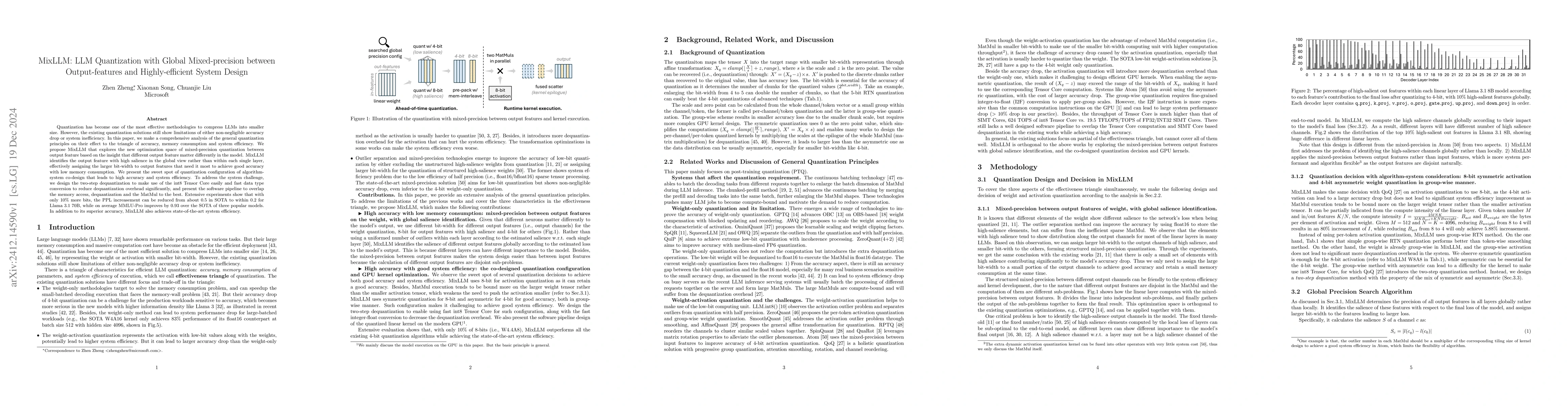 Thumbnail for MixLLM: LLM Quantization with Global Mixed-precision between
  Output-features and Highly-efficient System Design