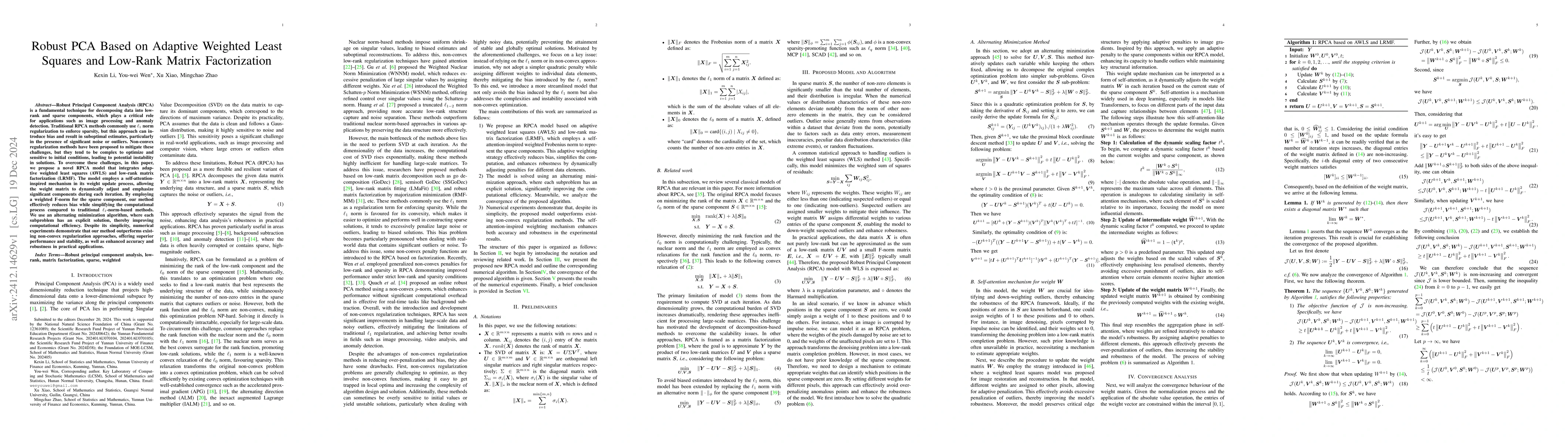 Thumbnail for Robust PCA Based on Adaptive Weighted Least Squares and Low-Rank Matrix
  Factorization