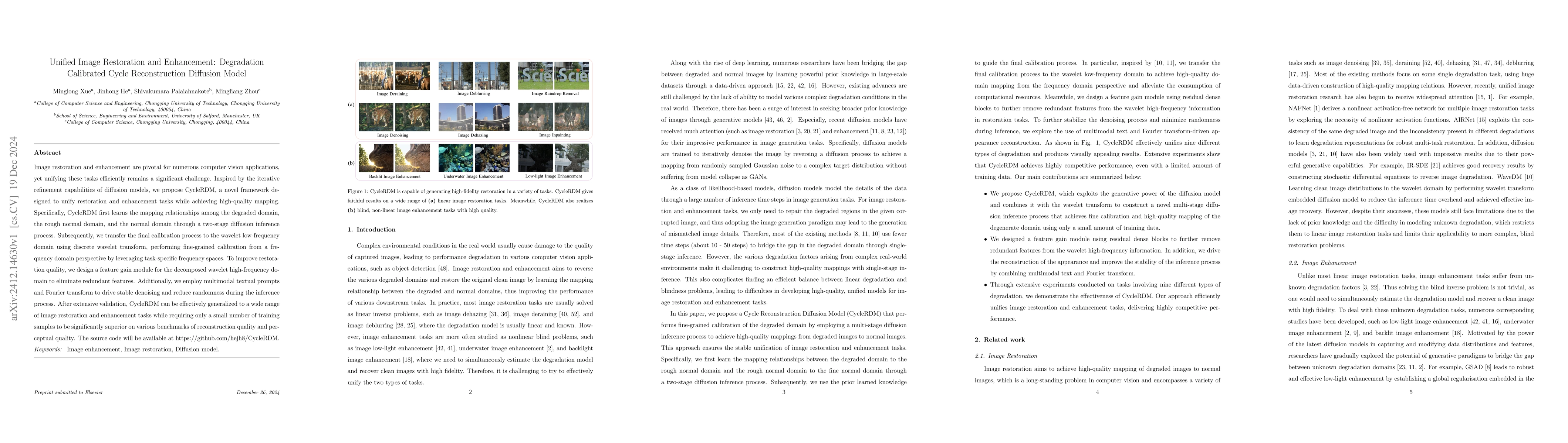 Thumbnail for Unified Image Restoration and Enhancement: Degradation Calibrated Cycle
  Reconstruction Diffusion Model