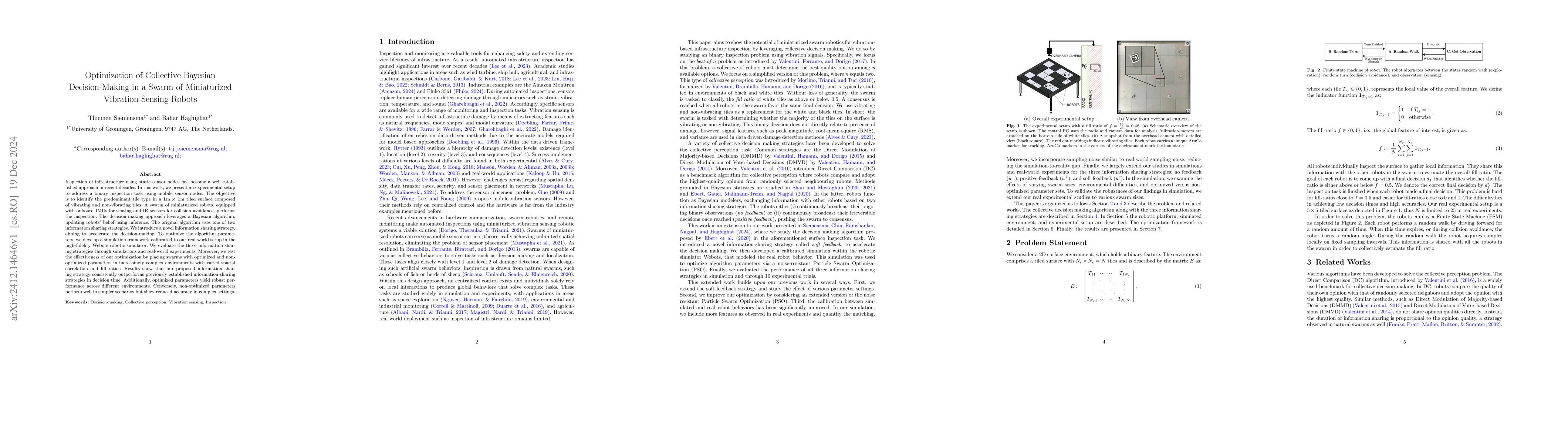 Thumbnail for Optimization of Collective Bayesian Decision-Making in a Swarm of
  Miniaturized Vibration-Sensing Robots